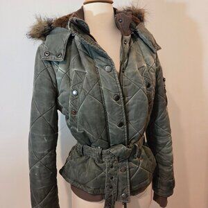 Quilted Backpack Jacket with Faux Fur Hood